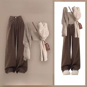 Fall Denim Knit Cardigan plus Size Womens Fashion Set High Waist Wide Leg Pants Camisole Inner Wear Three Piece Set