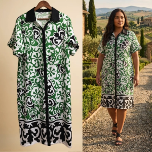 Allure Plus Clothing YVONE Dress Green Botanical Scrollwork Printed Full Button Dress with Border Design