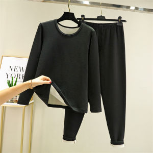 Mens Thermal Underwear Set Double-Sided Fleece Thickened Dervo T-Shirt And Bottoms Long Sleeve round Neck Home Comfort Wear