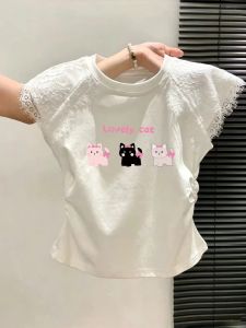 Cute Cats Letter Printed Lace Trimmed Cotton T-Shirt Girls