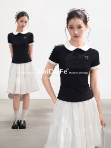 BAIDAIFEI | Black Doll Collar Short Sleeved Fitted Fake Two-Piece Polo Shirt