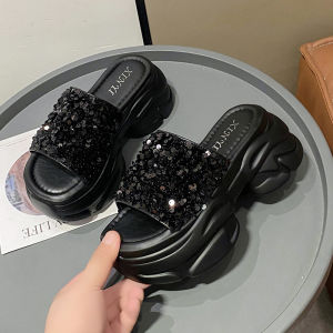 Womens Summer Thick Bottom Platform Slippers Outdoor Wear Bright Sequin Slip-On Flats Korean Style High Heel PU Leather
