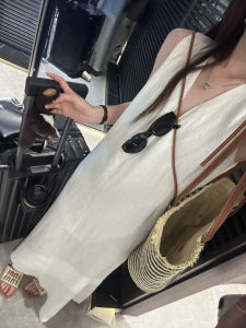 White Linen Dress Special Silk Process Summer Slimming Sleeveless Long Design Ladies Fashion Elegant Style Casual Dress