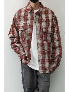 LH Store American Retro Diamond Plaid Long Sleeves Shirt Mens and Womens Spring and Autumn Loose Casual Overshirt Tide