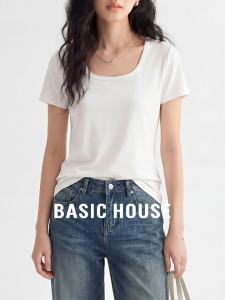 Basic House | Short Sleeve Tencel Silk Blend Summer Tee U Neck