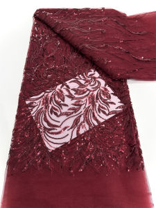 Wine Red African Beaded Lace Fabric Sequins Embroidery 2025 High Quality French Mesh Lace Fabrics for Women Designs Party Sewing