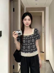 AIYITI | Lace Embroidered Square Neck Blouse Short Sleeve Shirt