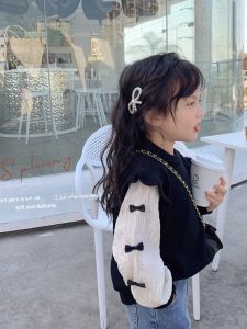 Girls Spring Autumn Sweet Knitted Sweatshirt Padded Jacket Two-Piece Set Cotton Polyester Blend Comfortable Breathable Kids Top