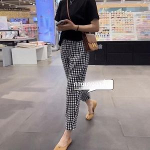 กางเกงขายาวทรงหลวมสไตล์ฮาเร็มผ้าฝ้ายลายสก็อตสีดำขาวสำหรับผู้หญิงในช่วงฤดูร้อน กางเกงขายาวทรงหลวมสบาย ๆ ทรงสลิมฟิต กางเกงขายาวทรงสลิมฟิต