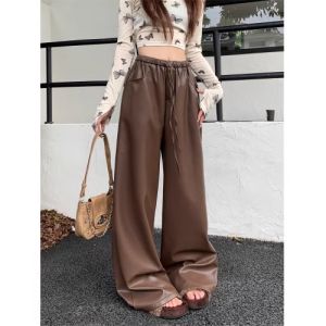 กางเกงลำลองผู้หญิงไซส์ใหญ่เอวยางยืด กางเกงขายาวทรงตรง ผ้า PU สวมใส่สบาย ฤดูใบไม้ร่วง 2024 กางเกงขายาวทรงตรงสำหรับผู้หญิง