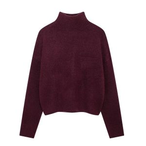 HH Women Elegant Burgundy Knitted Pullover Sweater Casual Long Sleeve Turtleneck Sweaters Autumn Female Warm Outerwear Top