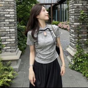 เสื้อคลุมสไตล์จีนใหม่ เสื้อท่อนบน ผู้หญิง แขนสั้น  เอว สลิมฟิต ปุ่ม ดีไซน์ ฤดูร้อน แฟชั่น ปกตั้ง เสื้อมินิ