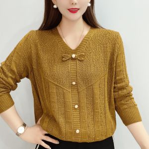 Womens Knitted Hollow Long-sleeved Shirt Simple V-neck T-shirt New Style Fashionable Loose Slim All-match Top