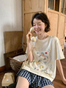 NIHAOKANONG | Áo Thun Sơ Mi Dễ Thương Phong Cách Trừu Tượng Rộng Rãi Tay Ngắn