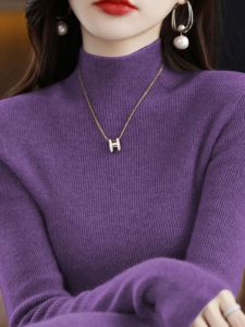 Semi-high ปกเสื้อ Cashmere เสื้อสวม Short Sleeve ผู้หญิง Base Shirt All-match ฤดูใบไม้ร่วง ฤดูหนาว Pure Color สลิมฟิต เสื้อสเวตเตอร์ถัก