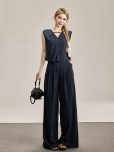 French Elegant Fashion Set Womens Sleeveless Top High Waist Wide Leg Pants Two-Piece Slimming Design Summer New Style