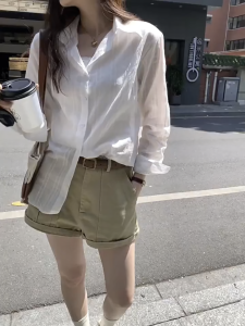 Long Sleeve Blouse for Women – Korean Style Light Cover-Up Breathable Striped Button Down