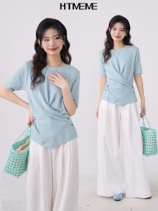 HTmeme Spring Summer Womens Knitted Short Sleeve round Neck Cross Design Top Thin Casual Style Comfortable Fit Knitwear