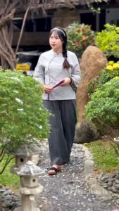 Pháp phục lễ chùa đồ lam đi chùa nữ trẻ đẹp Thiên Di chất liệu Linen cao cấp thêu hoa sen D13