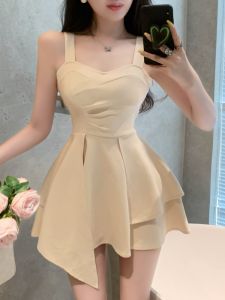 GUZILIAN | Elegant Pure Color A-Line Mini Skirt With Shoulder Baring Strap Design Slim Fit Summer Dress For Women High Quality GZL20257050