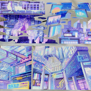 Cuộn Băng Keo Just Paper Tape Scenic Architecture Blue Purple Gathered Landscape Building Handmade Scrapbooking Decorative Tape