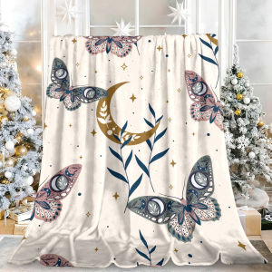 Beast Kingdom | Celestial Moon Moth Star Floral Flannel Blanket Soft Fuzzy Plush Cozy Warm Throw for Sofa Bed Couch Home Decor