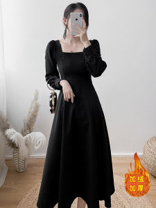 เรียบหรู สีขาว คอสี่เหลี่ยม ยาว เดรส ผู้หญิง ฤดูใบไม้ร่วง ฤดูหนาว สวมใส่ภายใน พรางหุ่น สไตล์ Hepburn งานเต้นรำ ชุดเดรสสําหรับงานปาร์ตี้