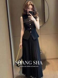 SHANGSHA | Elegant High-Class Office Formal Black Vest Pleated Dress