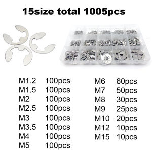 585/1005pcs E Clip Snap Circlip Washer Assortment Kit M1.2-M15 Black 65Mn 304 Stainless Steel External Retaining Ring Set for Ma