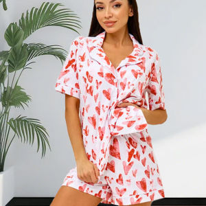 Hiloc Knitted Pajamas For Women 2 Piece Sets Print Short Sleeve Sleepwear Female Home Suits With Shorts Summer Casual Nightwear