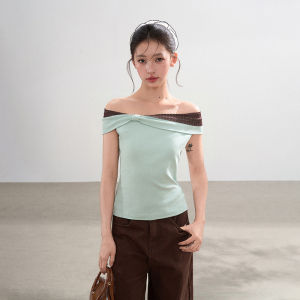 BAIDAIFEI | Green Polka Dot Color Block Off-shoulder Slimming T-Shirt