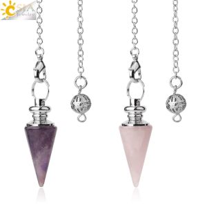 CSJA Conical Pendulum Natural Stone Taper Silver Color Chain Amethyst Rose Quartz White Crystal Tiger Eye Pendulums G491