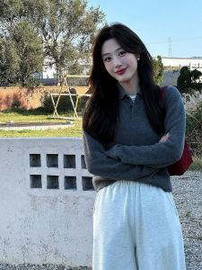 YUFUQING | Áo len dệt kim cổ polo tay dài rộng rãi màu xám ấm áp mùa thu đông thường ngày thoải mái thoáng khí áo len cardigan