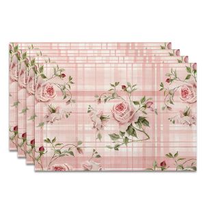 4Pcs Pink Checkered Rose Print Placemats Best Placemats Washable Suitable for Holiday Parties Home Decor Kitchen Tables Rectangular Dining Rooms Make Your Dining Room and Kitchen More Beautiful Birthday Gifts and Housewarming Party Gifts for F...