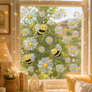 3D Rainbow Window Sticker Cute Bumble Bee Daisy Flower Suncatcher Static Cling Holographic Glass Decal for Kids Room Home Decor