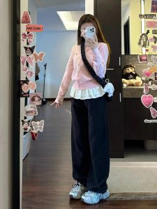 กางเกงกีฬาขายาวทรงตรงสีดำสำหรับผู้หญิง กางเกงวอร์มลำลองหลวมๆ สไตล์อเมริกัน กางเกงขายาวทรงตรงสำหรับผู้หญิงไซส์เล็ก ฤดูใบไม้ผลิและฤดูใบไม้ร่วง