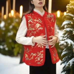New Chinese Style Floral Bird Mountain Forest Jacket Embroidered Cotton Thickened Retro Button round Neck Vest for Women