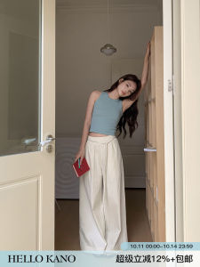 กางเกงขายาวทรงหลวมเอวสูง ผ้าฝ้ายผสมไนลอน กางเกงขายาวทรงหลวมสไตล์เกาหลีสำหรับผู้หญิง กางเกงขายาวทรงตรงยาวถึงพื้น