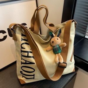 Japanese Canvas Tote Womens Casual Simple Elegant Large Capacity Commuter All-match Shoulder Crossbody Bag for Students in Class