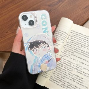 Cartoon Detective Conan Shinichi Kudo And Ran Mori Couple Phone Case Anti-Fall Color Silver Acrylic Hardshell for iPhone 16 pro Max