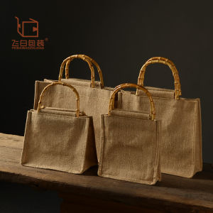 Customizable Hand-Woven Bamboo Handle Yellow Linen Handbag for Purple Clay Craftsmanship Packaging Box with Bag Arts And Crafts