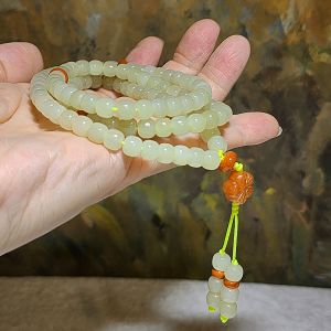 Gegegems Creation 7mm Light watery green Nephrite traditional old style beads 108 mala/necklace (with certificate) with Nan Hong accessories 7毫米和田玉晴水绿老型珠108念珠/项链(带证书)配南红佩件