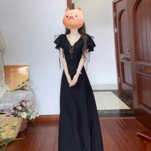NIUVIES | Đầm Maxi Phong Cách Hepburn Đen Cổ V Nữ