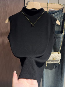 Áo Thun Cổ Cao Phong Cách Mỹ Cổ Điển Cho Nữ Dáng Ôm Vừa Vặn Không Tay Màu Đen Gợi Cảm Áo Vest Áo Thun Mùa Thu