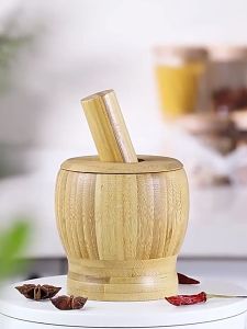 Bamboo Wood Mortar and Pestle Set with Lid 300ml Spice Grinder Crusher Garlic Pugging Pot