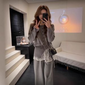 XUECAIQI | Lace Trimmed Knitted Cardigan with Leisure Pants Set for Women