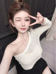 TiTi Beauty Girl Sequin Splice Long Sleeve Shoulder Bared Short Top Womens Autumn Winter New Style Sweet Style Casual Tee