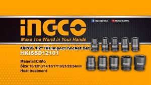 ชุดลูกบ๊อกซ์ลม ขนาดแกน 1/2 นิ้ว10 ชุด ขนาด 10121314151719212224 มม.  INGCO รุ่น HKISSD12101