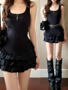Ge·an·fei | French Ballet Style Black Spaghetti Strap Dress A-Line Puff Layered Short Skirt
