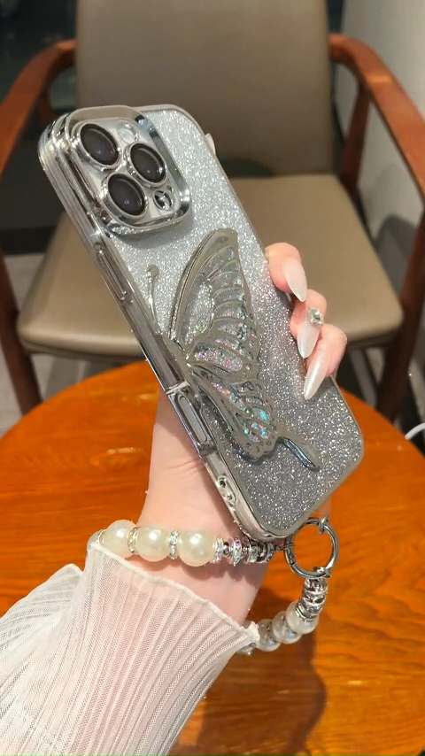 butterfly Soft Case iPhone 11 12 13 14 15 16 pro max 15 16 plus Plating colour Quicksand Case iPhone 16 15 14 13 12 11 pro max 16 15 plus Anti-fall case Kupu-kupu Romantic Pearl bracelet